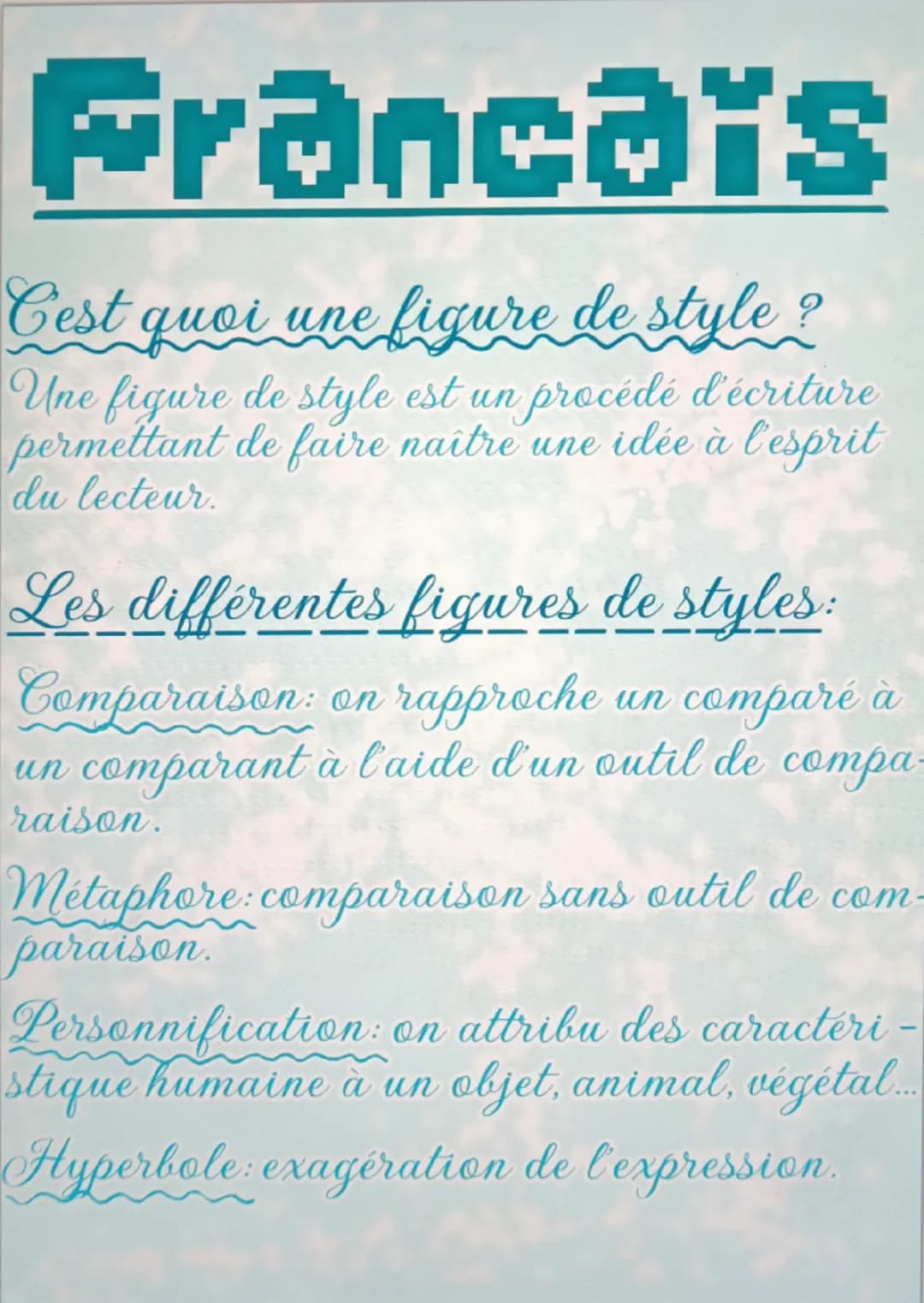 Francais
Cest quoi une figure de style?
Une figure de style est un procédé d'écriture
permettant de faire naître une idée à l'esprit
du lect