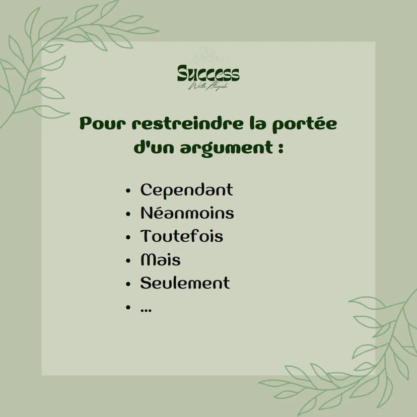 Success
With Aliyah
Les
connecteurs
logiques Success
With Aliyah
Dans un travail
d'argumentation, il sera
absolument nécessaire
d'organiser 