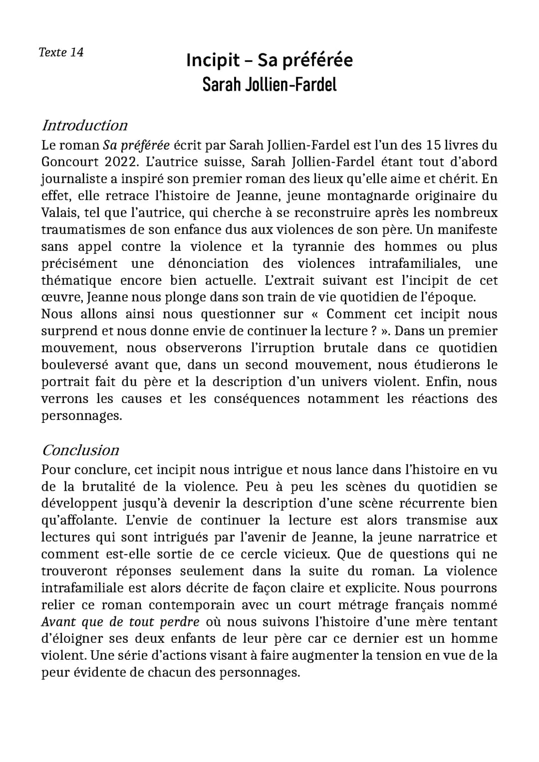 Fiches Oral de Français - ROMAN