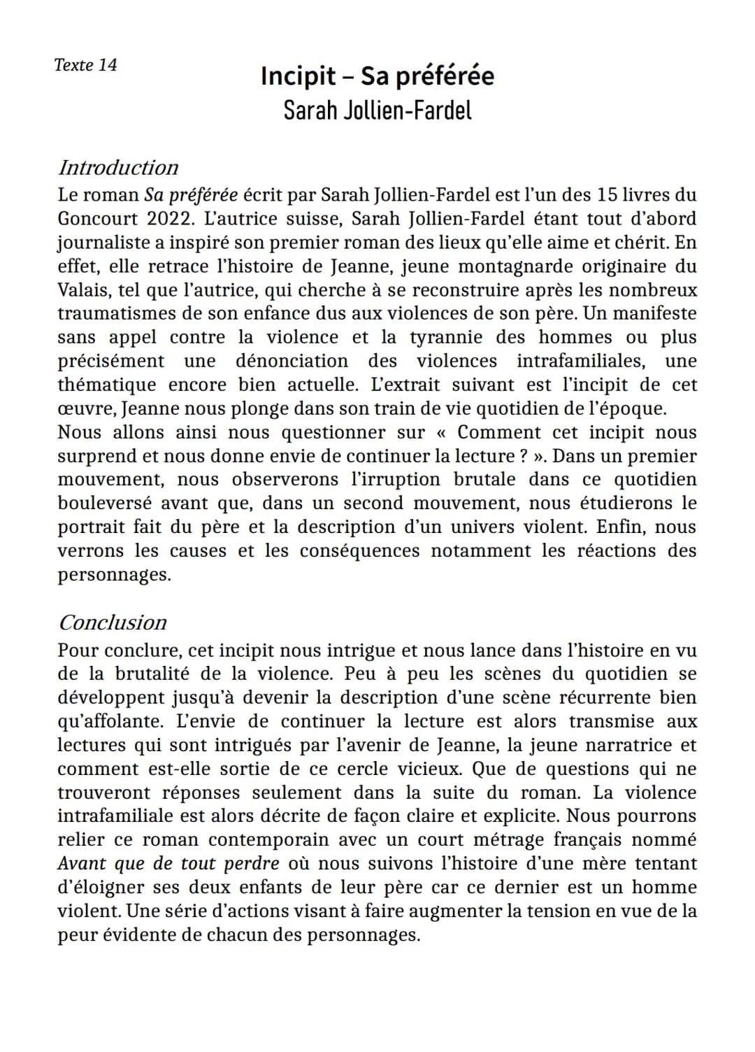 Texte 14
Incipit - Sa préférée
Sarah Jollien-Fardel
Introduction
Le roman Sa préférée écrit par Sarah Jollien-Fardel est l'un des 15 livres 