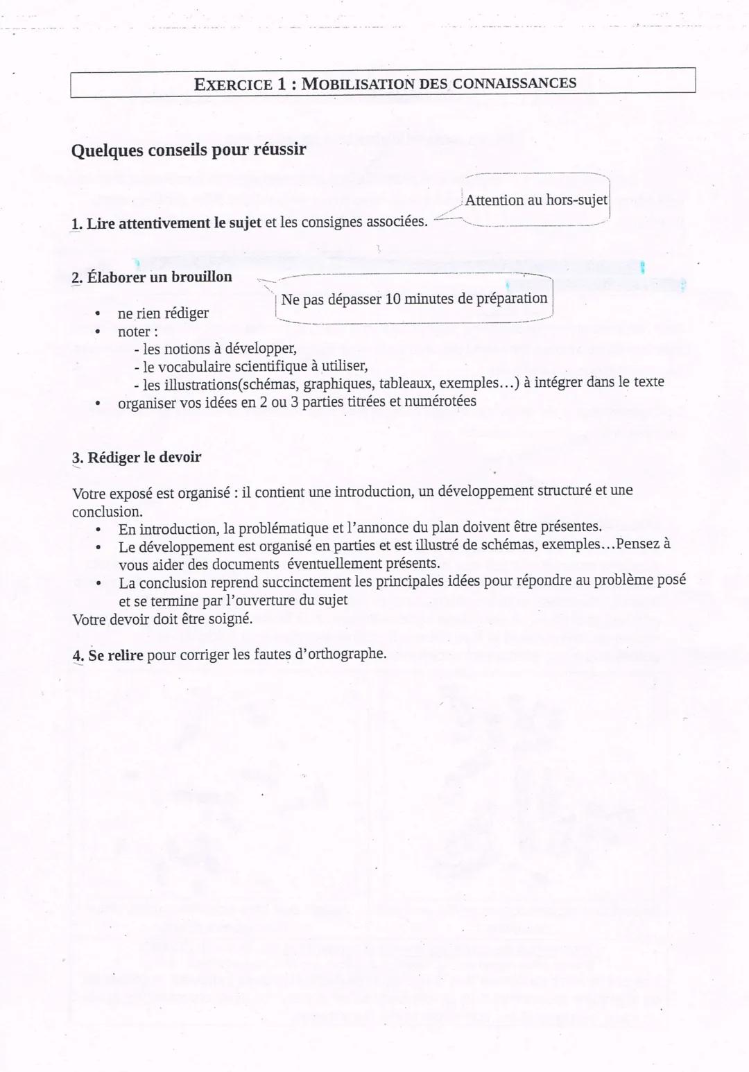 EXERCICE 1: MOBILISATION DES CONNAISSANCES

Quelques conseils pour réussir

1. Lire attentivement le sujet et les consignes associées.

2. É