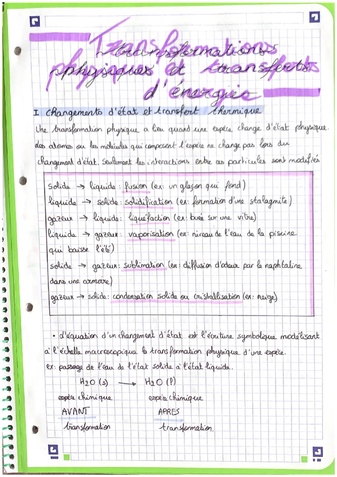 Transformations
physiques
I changements d'état et transfert thermique
Une transformation physique a lieu quand une espèce change d'élat phys