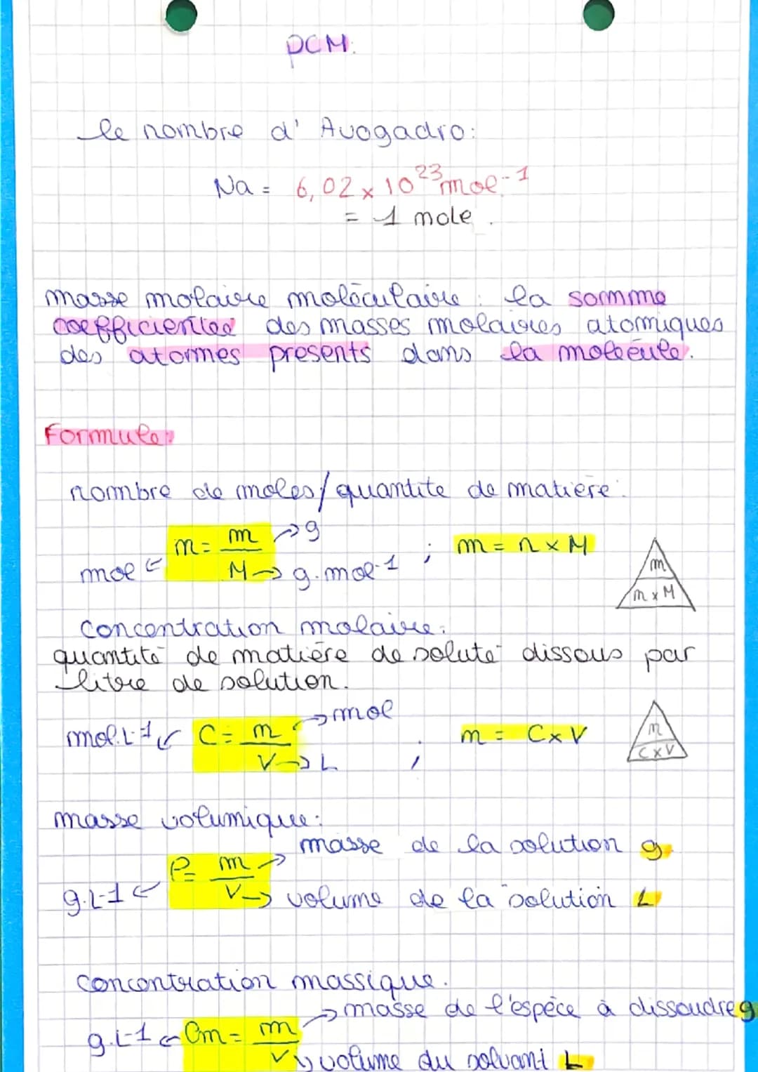 le nombre d' Avogadro:
PCM:
masse molaire moléculaire: la somme
coefficiented des masses molavies atomiques.
des atormes presents dans la mo
