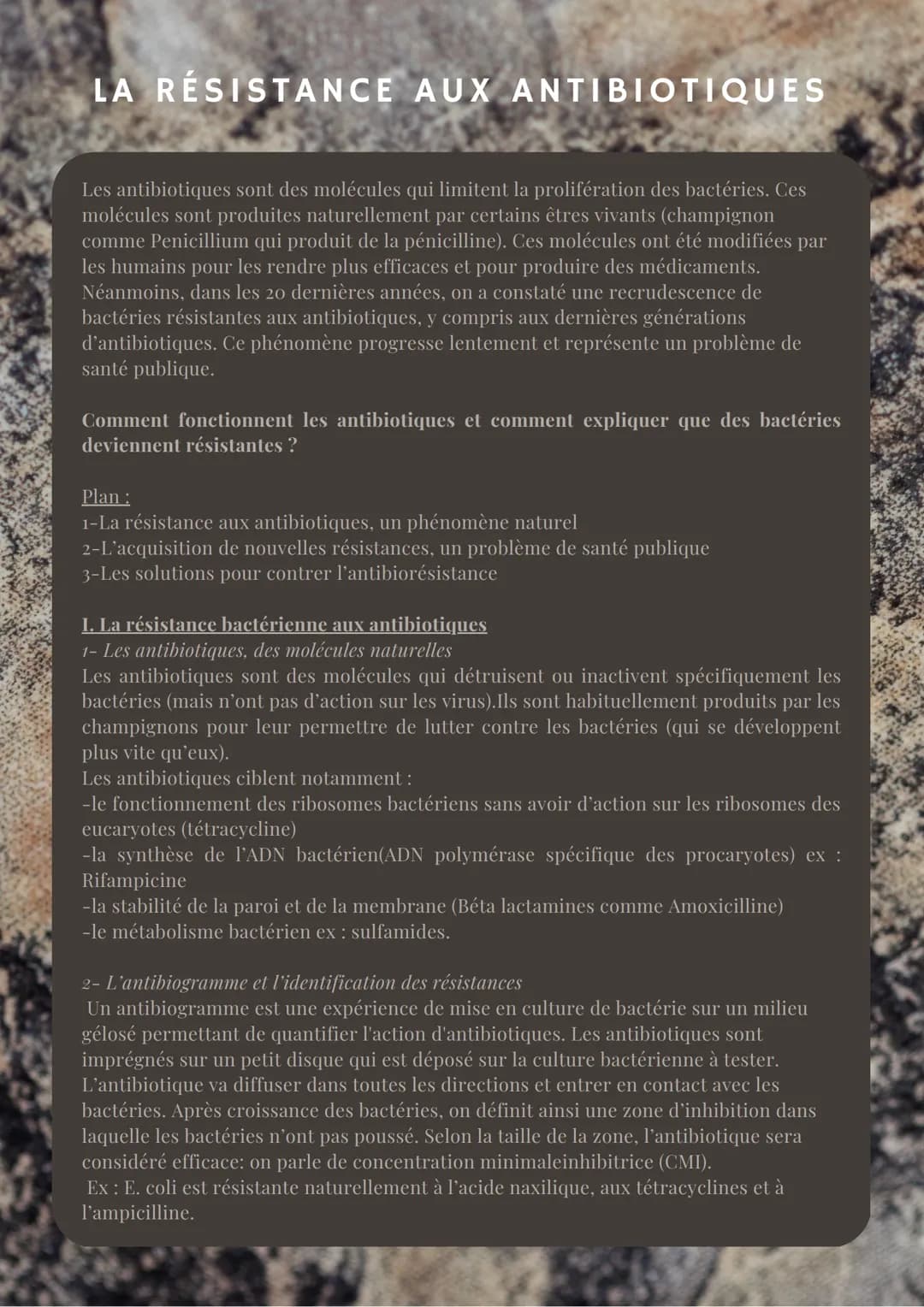 LA RÉSISTANCE AUX ANTIBIOTIQUES
Les antibiotiques sont des molécules qui limitent la prolifération des bactéries. Ces
molécules sont produit