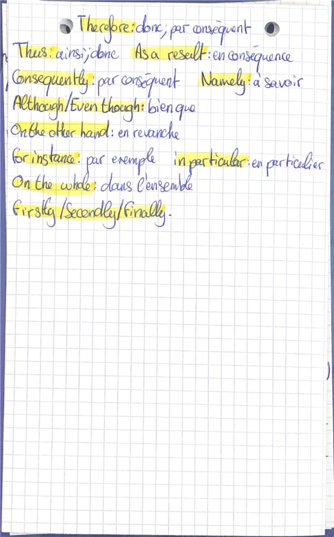 # Connecteur Logique:

to begin: pour commencer
As well as: ainsi que
At the beginning of: au début
Besides: d'ailleurs
in
By the way: soit 