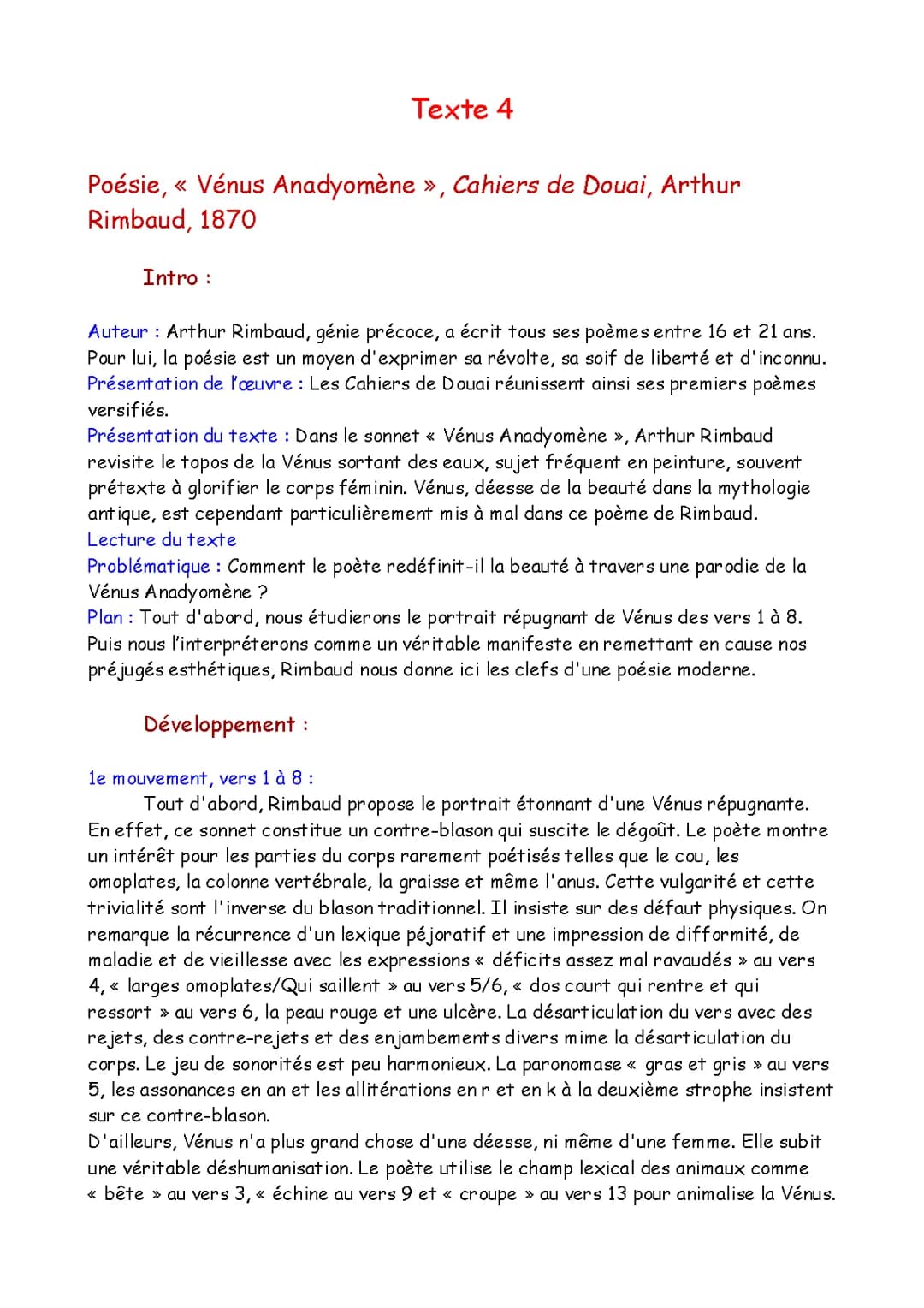 Analyse linéaire de Vénus Anadyomène de Rimbaud - PDF, Mouvement, Conclusion, Thème