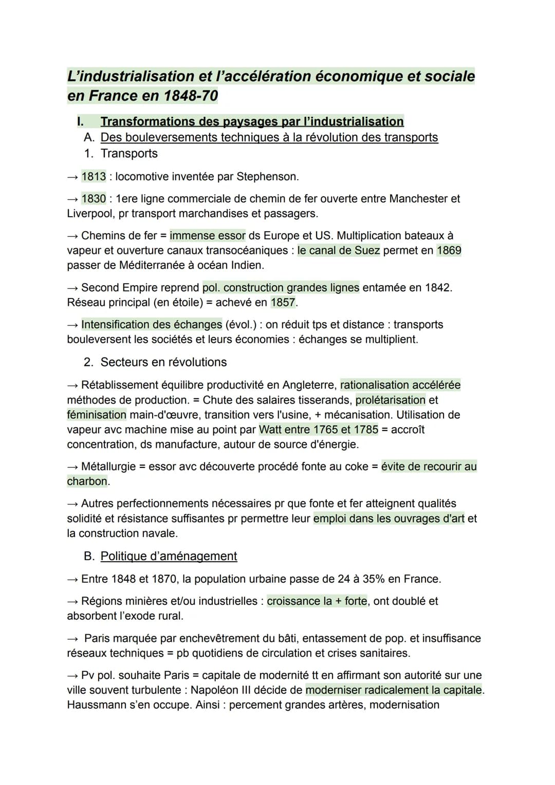 L'industrialisation et l'accélération économique et sociale
en France en 1848-70
I. Transformations des paysages par l’industrialisation
A. 