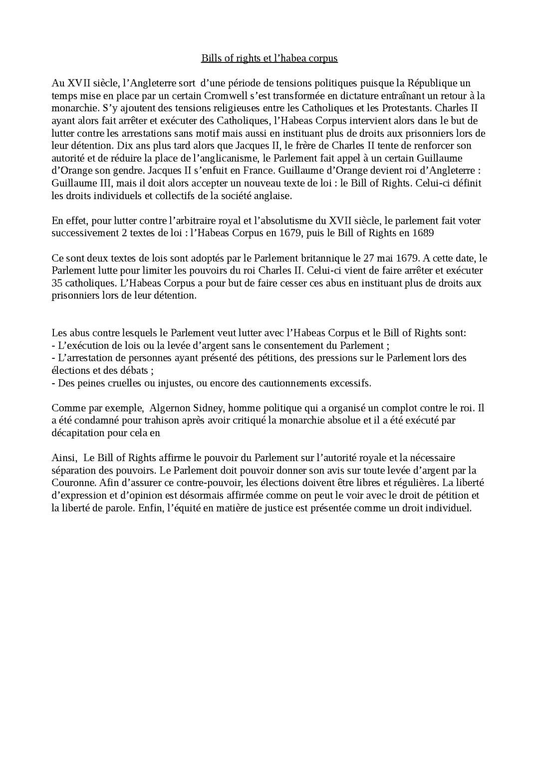 Découvre l'Habeas Corpus 1679 et le Bill of Rights 1689 !