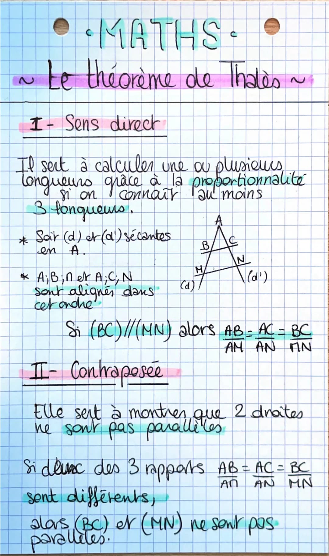 2
••MATHS •
Le théorème de Thales ~
I- Sens direct
If sert à calculer une ou plusieurs,
tongueurs grâcenait au moins
à la proportionnalité
3
