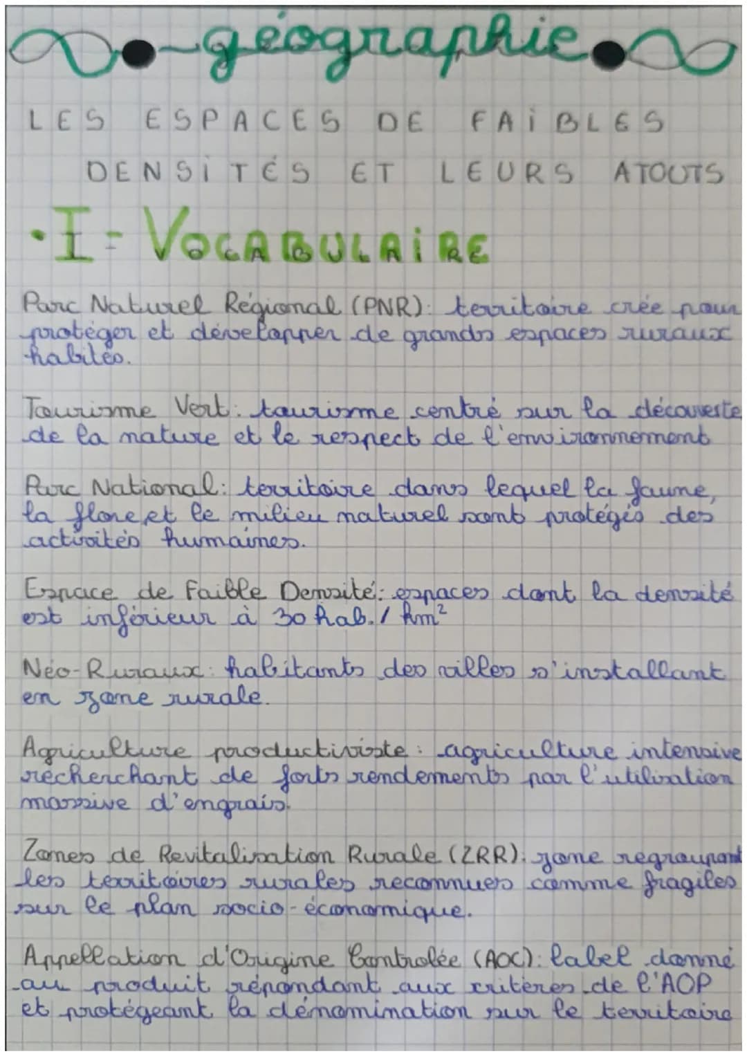 Do-geographic
LES
ESPACES DE FAIBLES
DENSITES ET LEURS
A TOUTS
•I - VOCABULAIRE
Parc Naturel Régional (PNR): territoire crée pour
protéger e