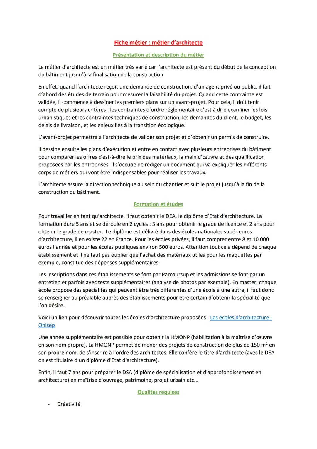 Fiche métier : métier d'architecte
Présentation et description du métier
Le métier d'architecte est un métier très varié car l'architecte es