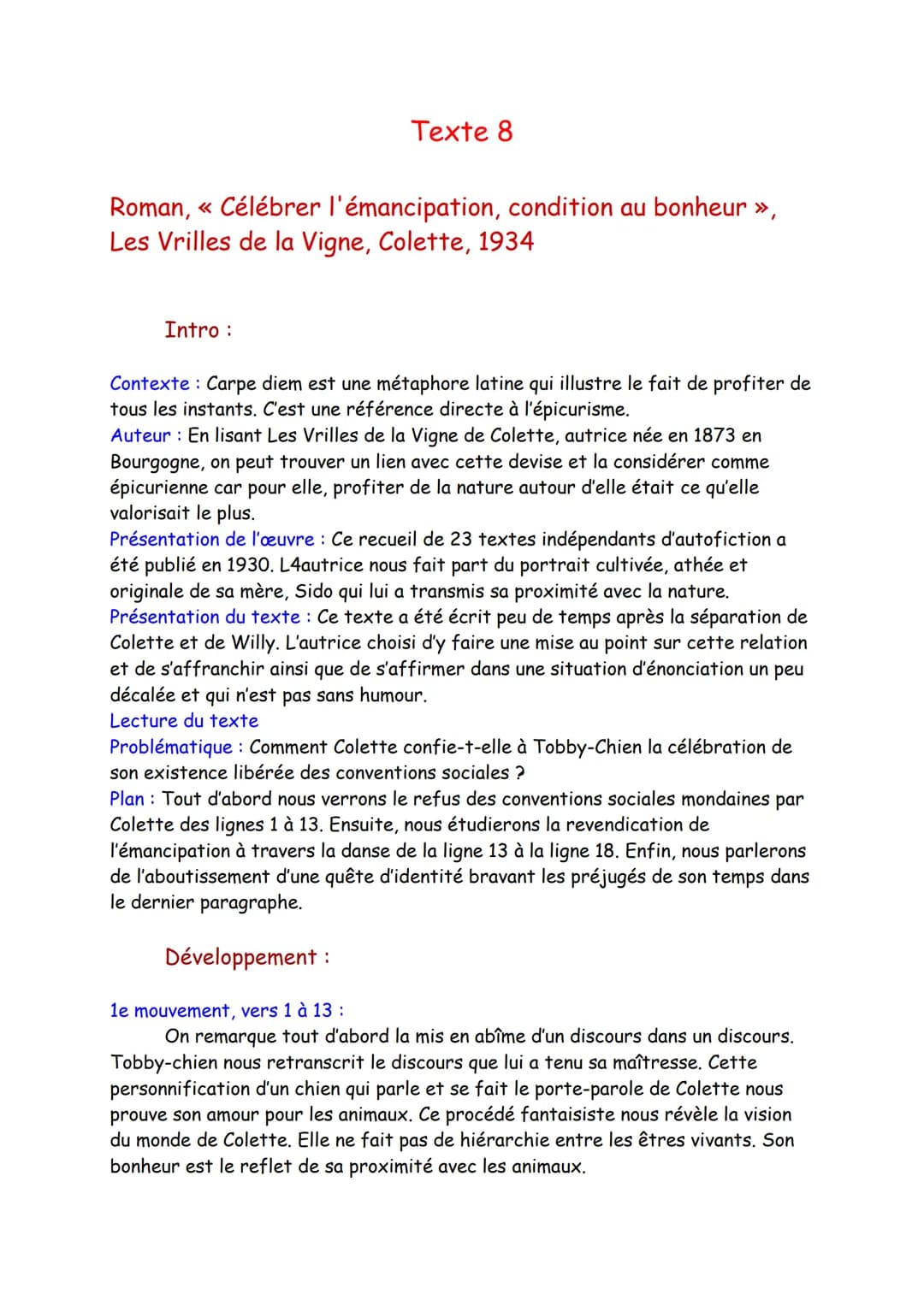 Texte 8
Roman, « Célébrer l'émancipation, condition au bonheur »,
Les Vrilles de la Vigne, Colette, 1934
Intro :
Contexte : Carpe diem est u