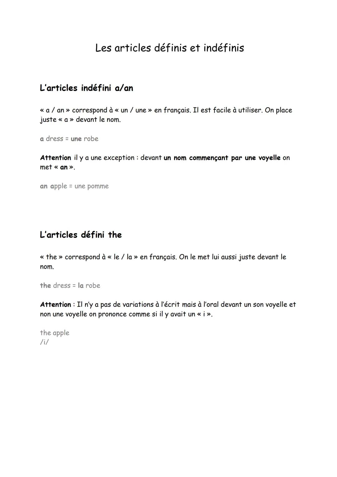 Les articles définis et indéfinis
L'articles indéfini a/an
<< a / an >> correspond à « un / une» en français. Il est facile à utiliser. On p