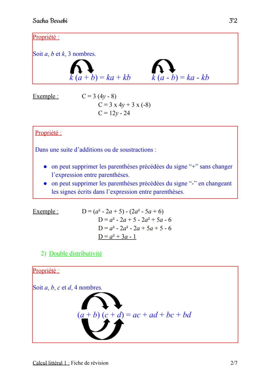 Sacha Berrebi
I) Factoriser
Définition :
Factoriser, c'est transformer une somme algébrique en produit.
Exemple:
II)
Réduire
Définition:
Exe