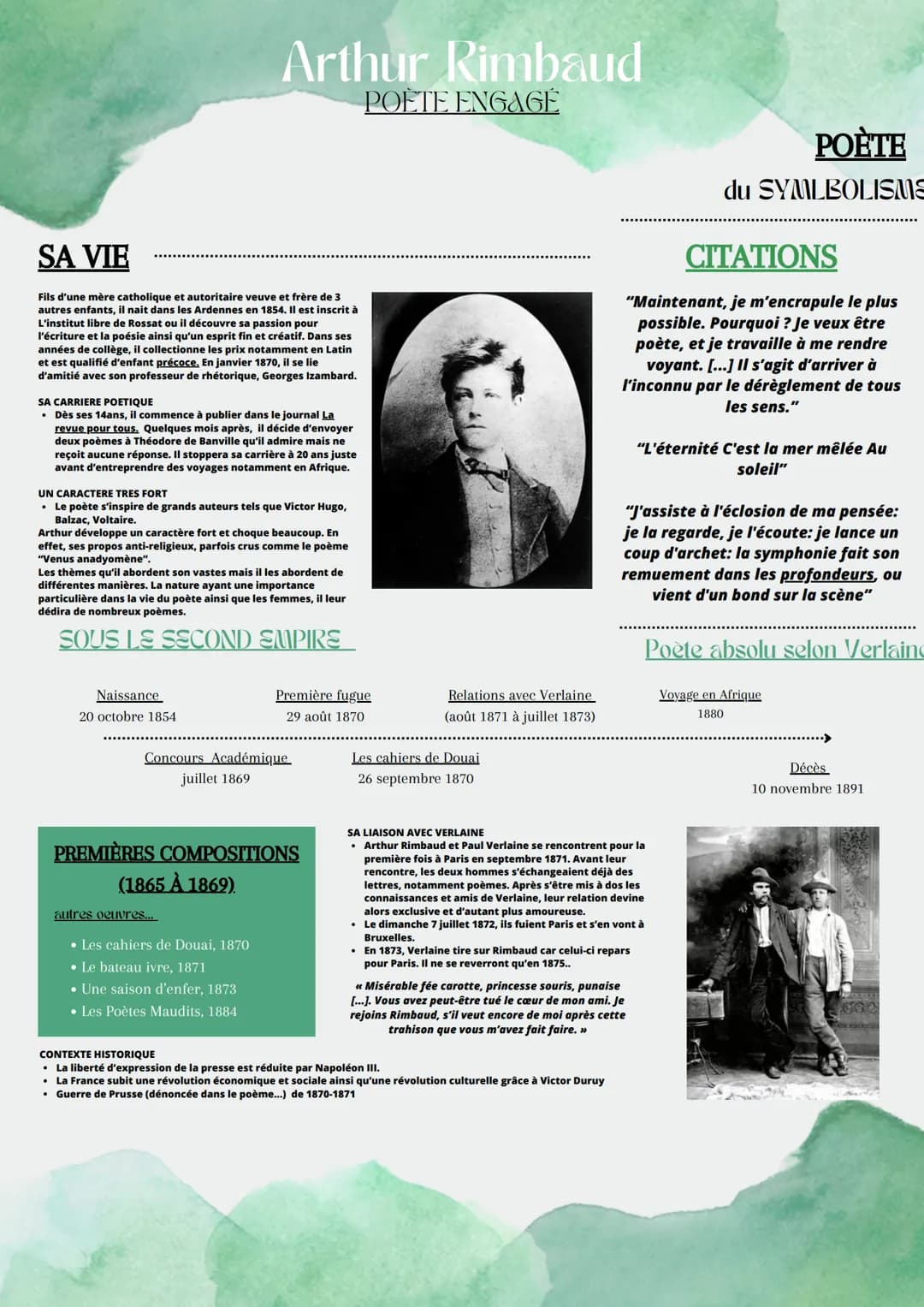 Arthur Rimbaud
POÈTE ENGAGÉ
SA VIE
Fils d'une mère catholique et autoritaire veuve et frère de 3
autres enfants, il nait dans les Ardennes e