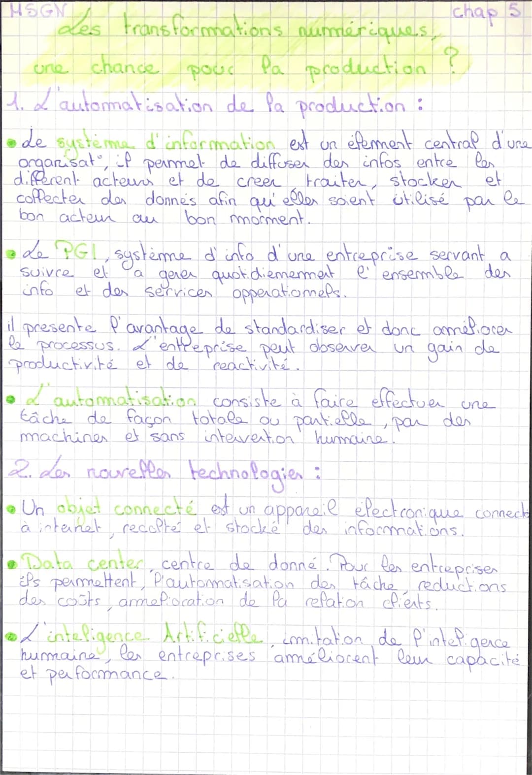 HSGN
•Les transformations numériques,
pour la production
1. L automatisation de la production :
une chance pour
chap 5
?
Le système d'inform