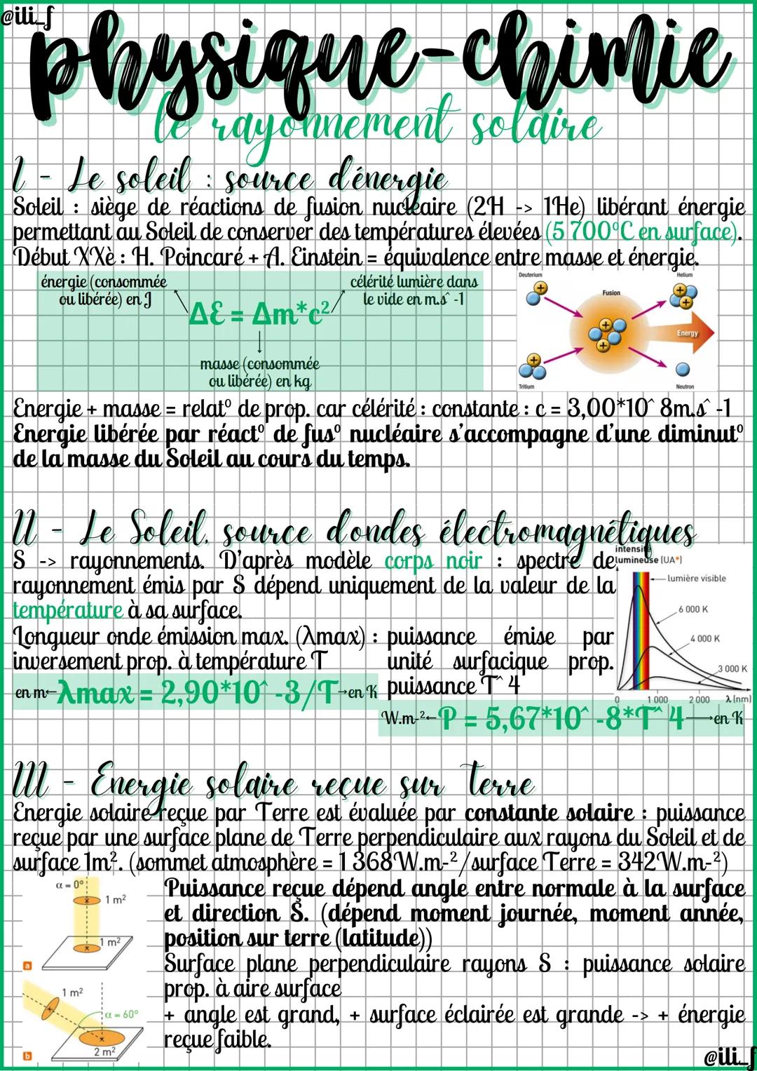 @ili_f
# physique-chimie
## rayonnement solaire

1- Le soleil: source d'énergie
Soleil: siège de réactions de fusion nuckaire (2H -> 1He) li