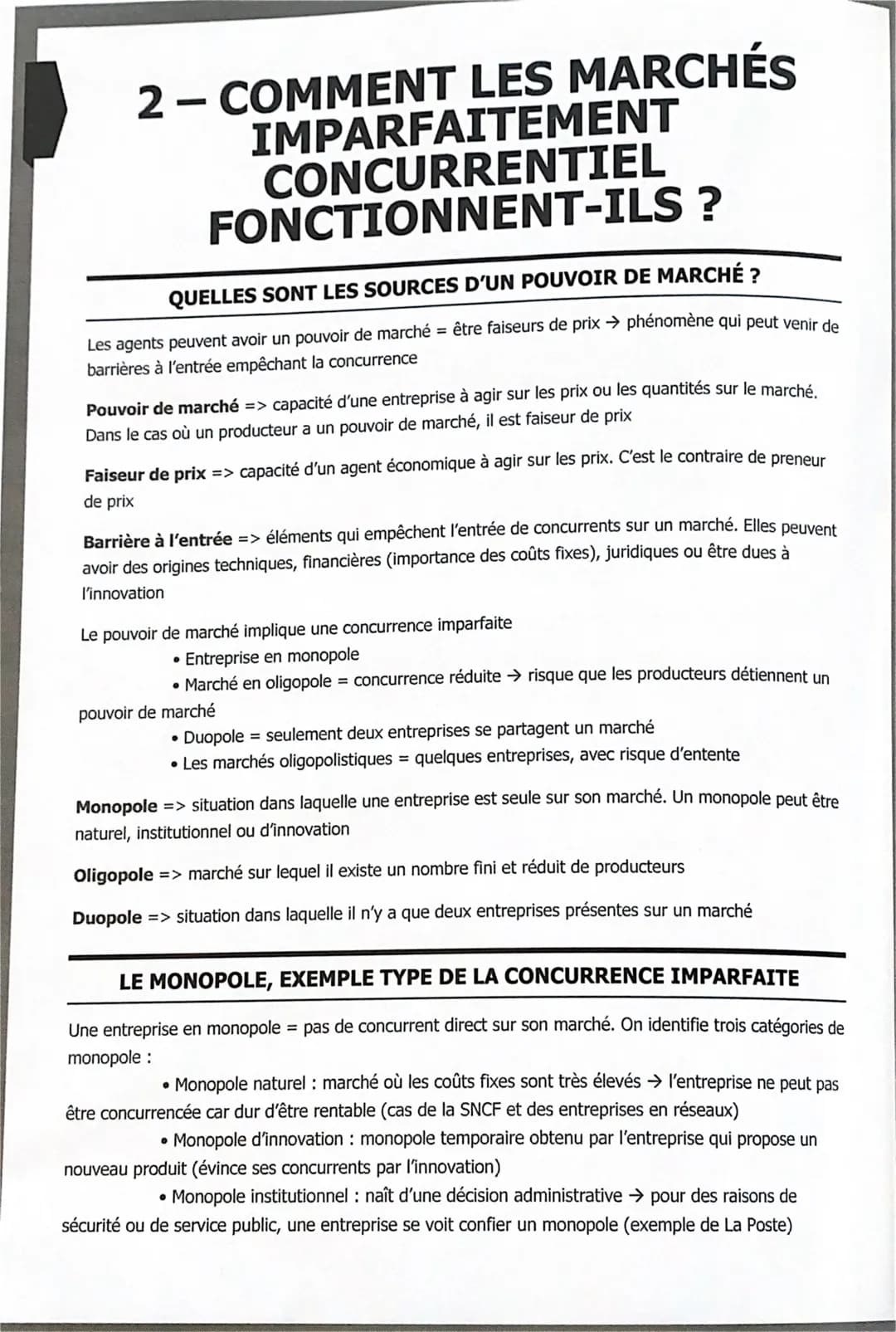 2- COMMENT LES MARCHÉS
IMPARFAITEMENT
CONCURRENTIEL
FONCTIONNENT-ILS ?
QUELLES SONT LES SOURCES D'UN POUVOIR DE MARCHÉ ?
Les agents peuvent 