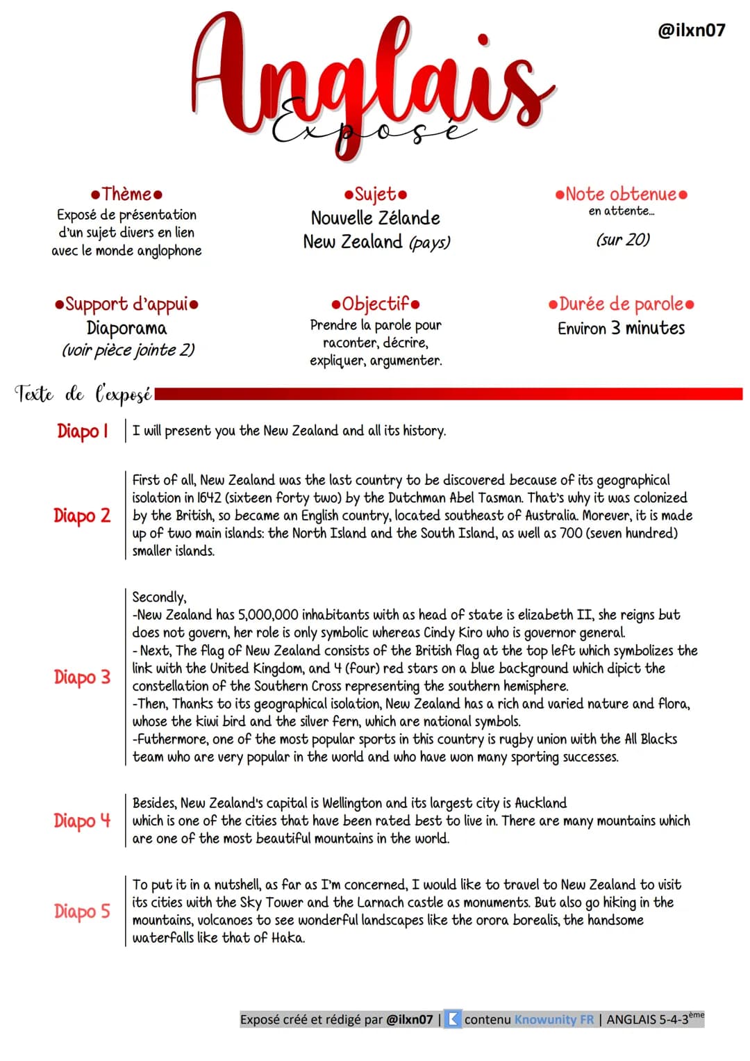 Anglais
Exposé / oral
Nouvelle Zélande
Diaporama créé par @ilxn07 | 【 contenu Knowunity FR | ANGLAIS 5-4-3ème Thème.
Exposé de présentation
