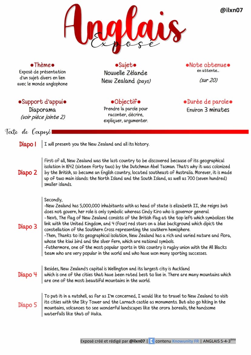 Anglais
Exposé / oral
Nouvelle Zélande
Diaporama créé par @ilxn07 | 【 contenu Knowunity FR | ANGLAIS 5-4-3ème Thème.
Exposé de présentation
