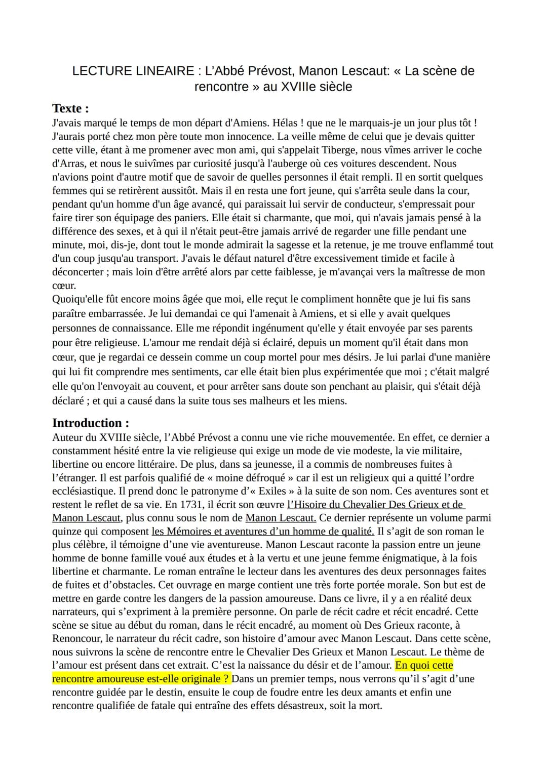 LECTURE LINEAIRE: L'Abbé Prévost, Manon Lescaut: « La scène de
rencontre » au XVIIIe siècle
Texte:
J'avais marqué le temps de mon départ d'A