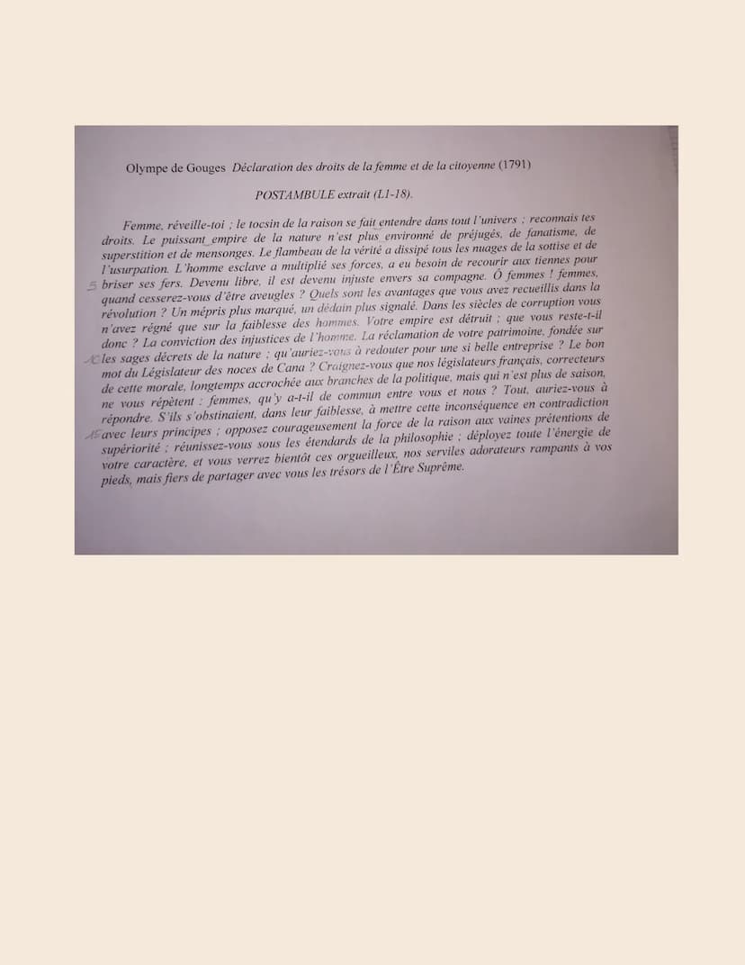 Olympe de
Gouges/Postambule
La Déclaration des droits de la femme et de la citoyenne (1791)
INTRODUCTION:
Olympe de G, est une auteure engag