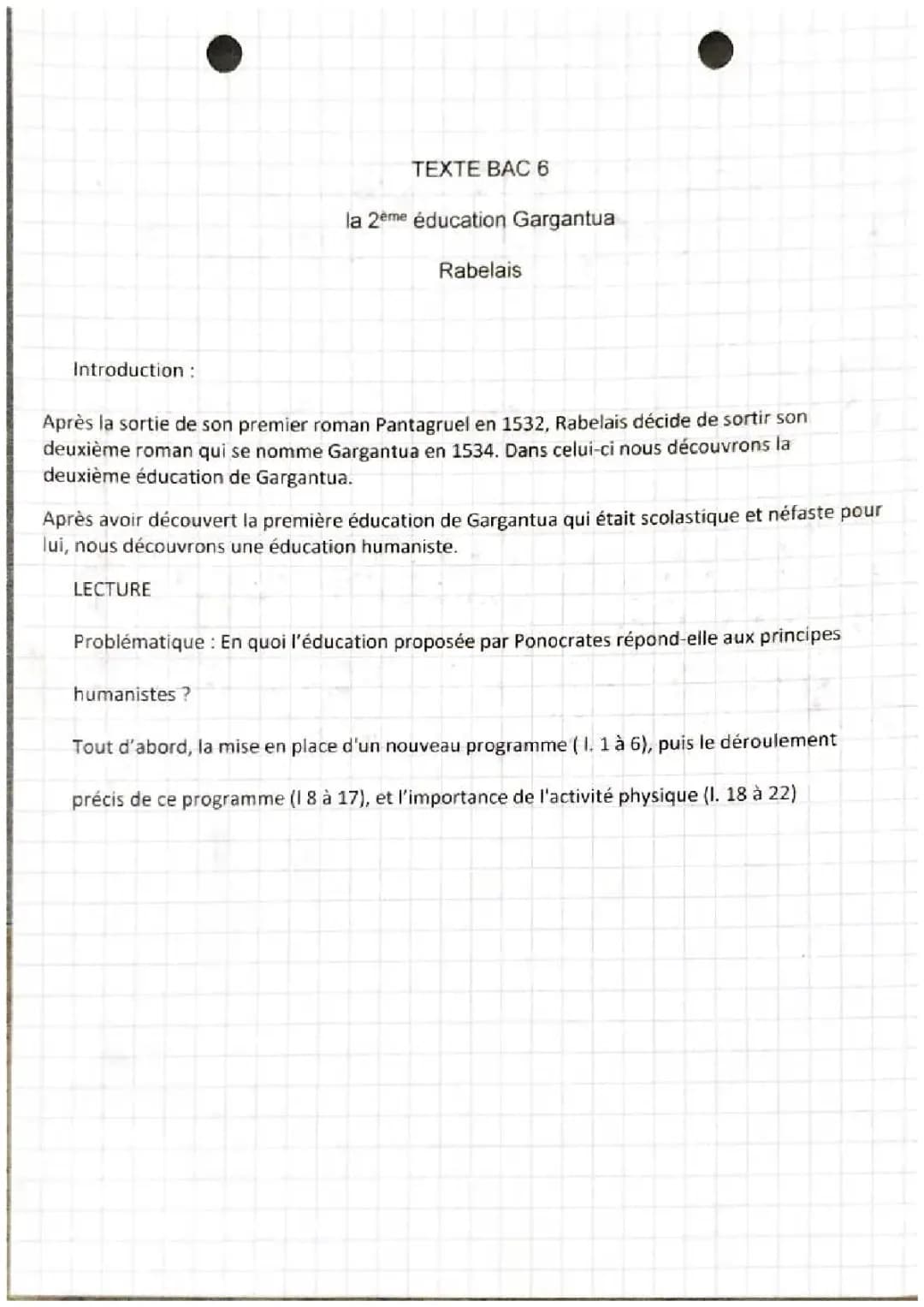 Français texte de bac 6 : gargantua Rabelais : la 2 eme éducation 