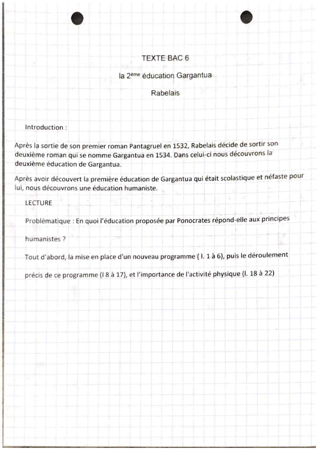 Introduction :
TEXTE BAC 6
LECTURE
la 2ème éducation Gargantua
Après la sortie de son premier roman Pantagruel en 1532, Rabelais décide de s