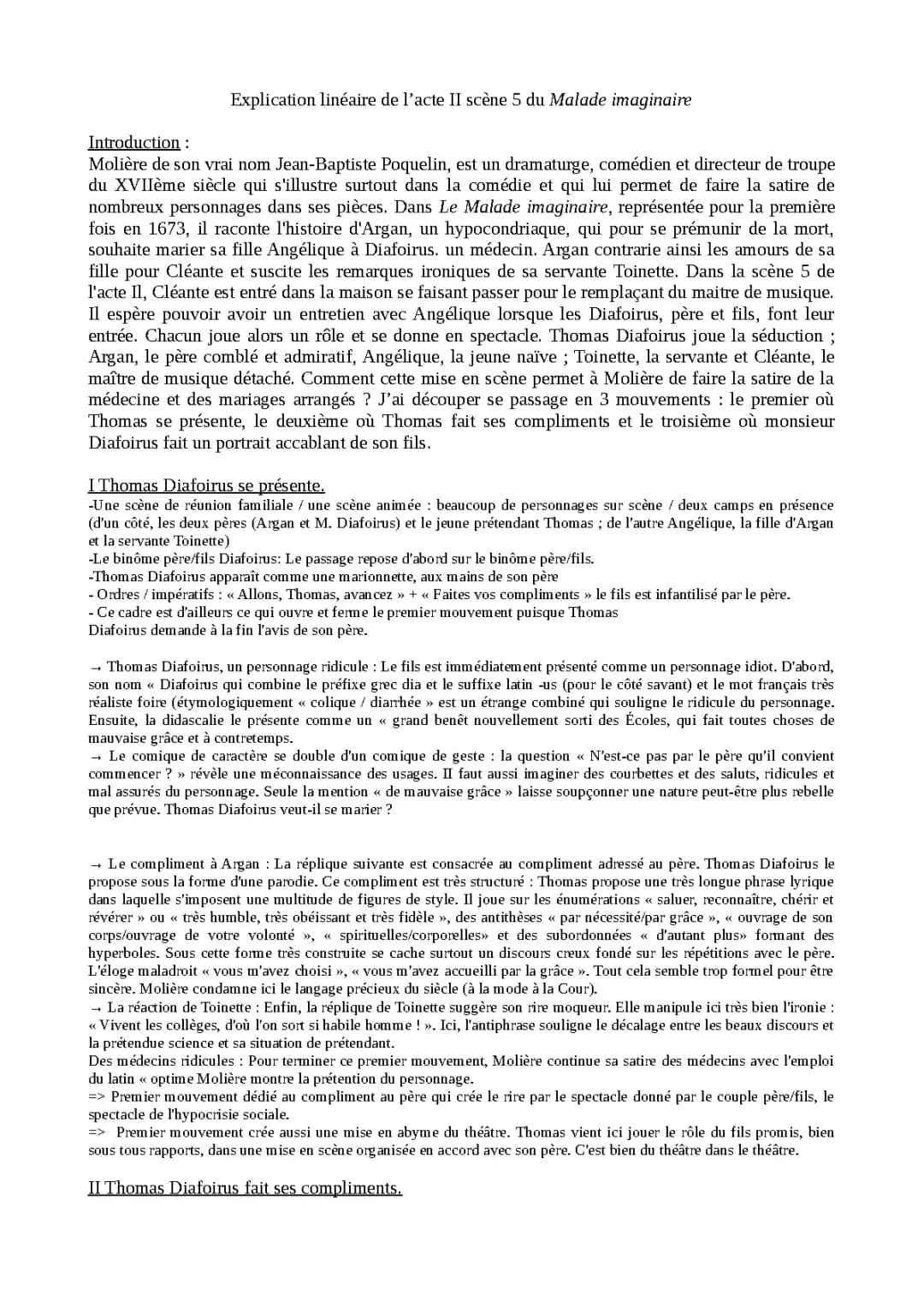 Le Malade imaginaire Acte 2 Scène 5 PDF : Analyse, Résumé et Problématique