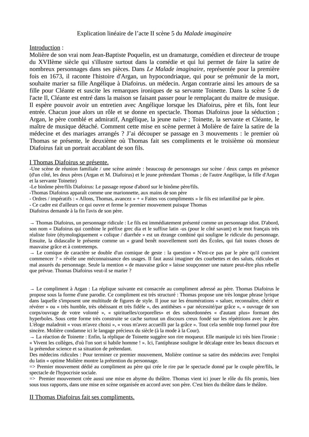 Explication linéaire de l'acte II scène 5 du Malade imaginaire
Introduction :
Molière de son vrai nom Jean-Baptiste Poquelin, est un dramatu