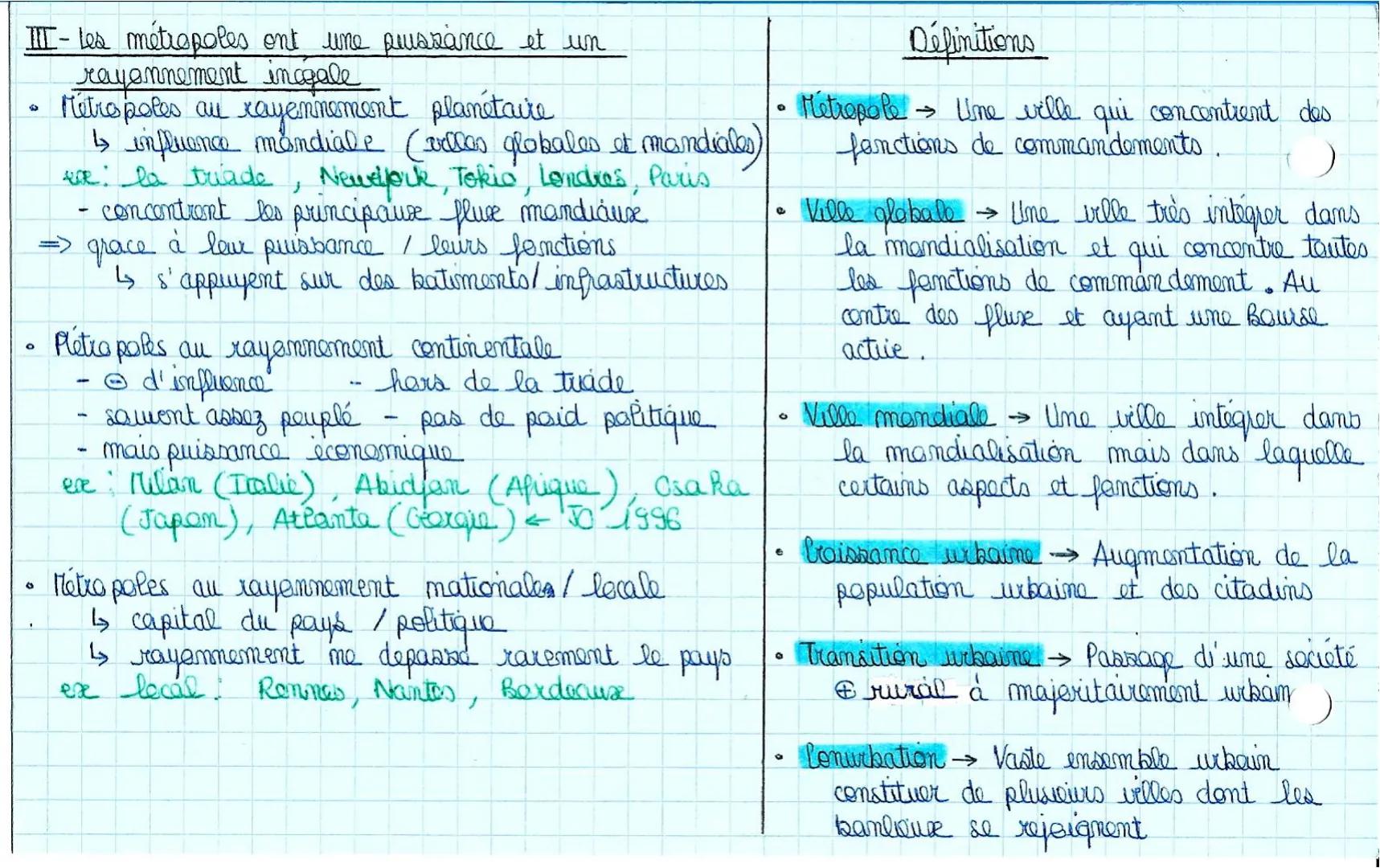 D
0
Chapitre 1- Les villes à l'échelle mandiale: le poids craissant des métropoles.
I- l'urbanisation maurrit la métropolisation I- Une conc