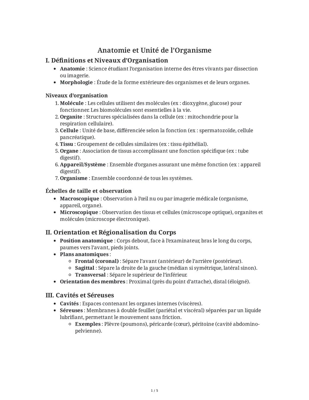 Anatomie et Organisation Biologique