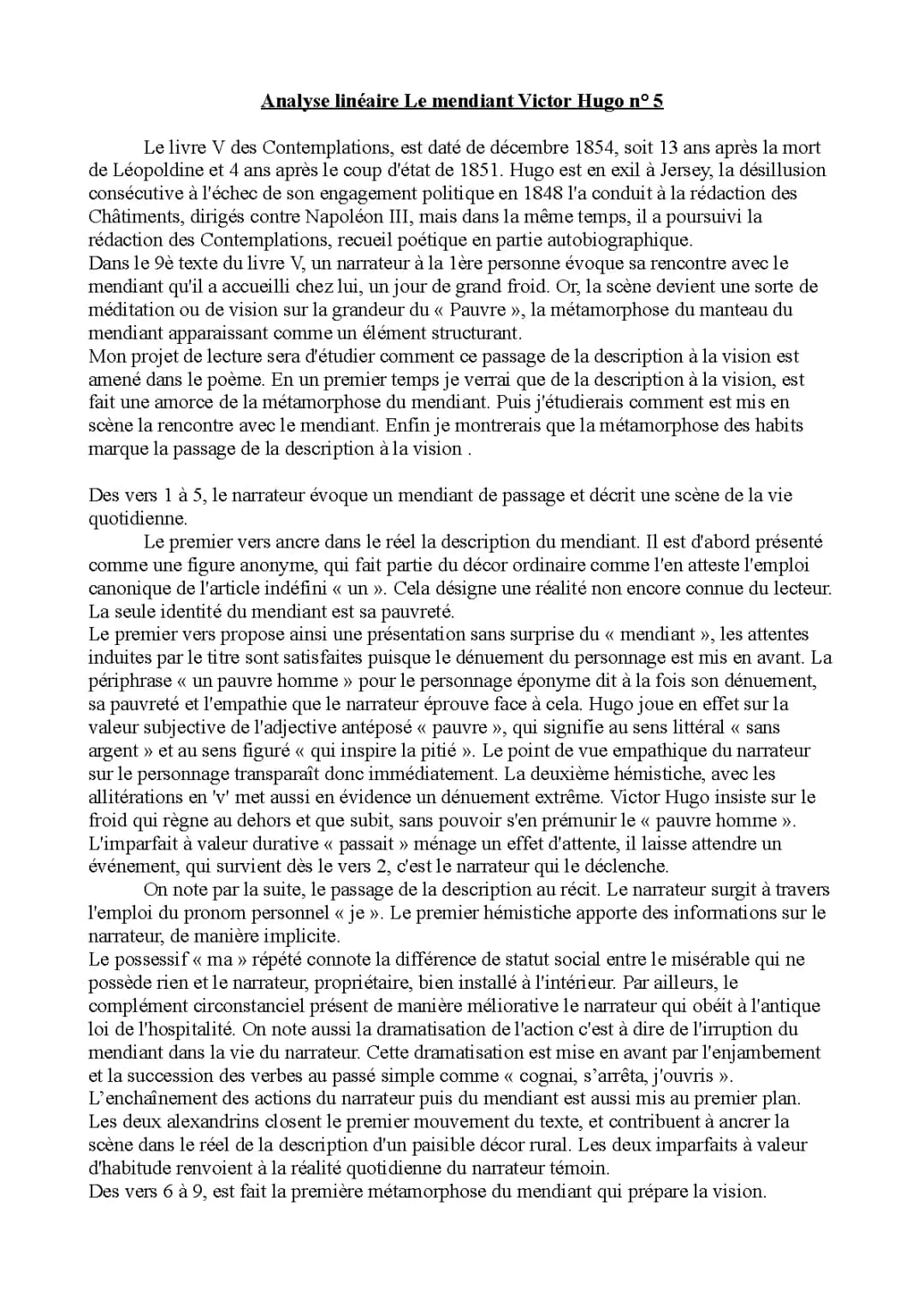 analyse linéaire LE MENDIANT ( de Victor Hugo)