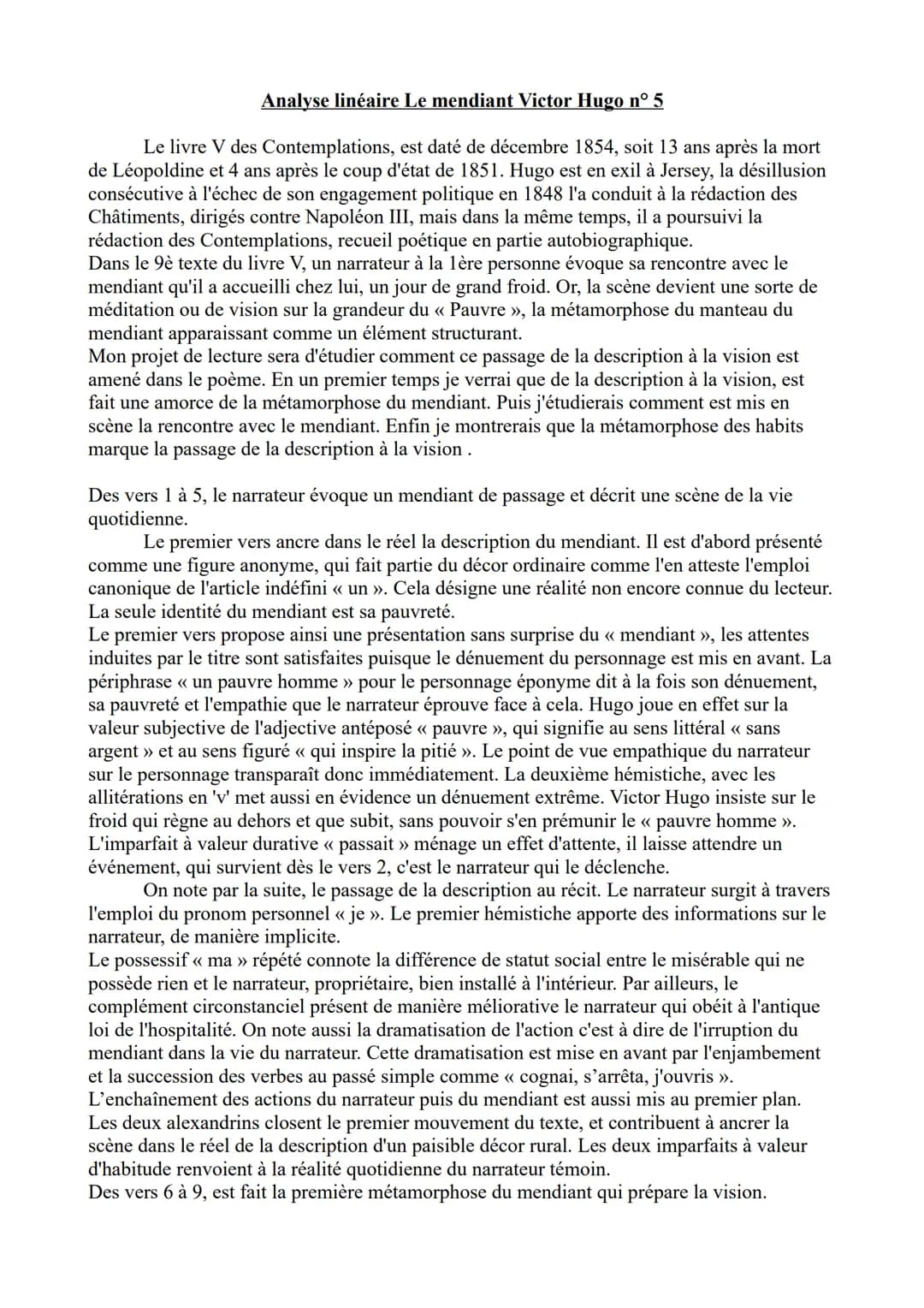 Analyse linéaire Le mendiant Victor Hugo n° 5
Le livre V des Contemplations, est daté de décembre 1854, soit 13 ans après la mort
de Léopold