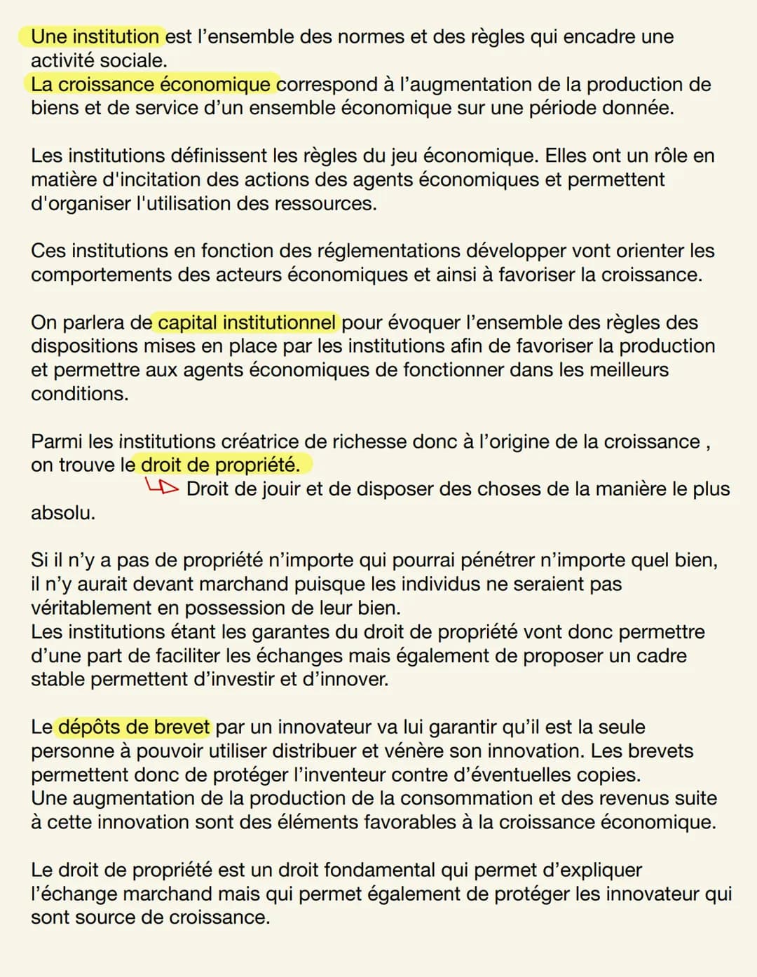Une institution est l'ensemble des normes et des règles qui encadre une
activité sociale.
La croissance économique correspond à l'augmentati