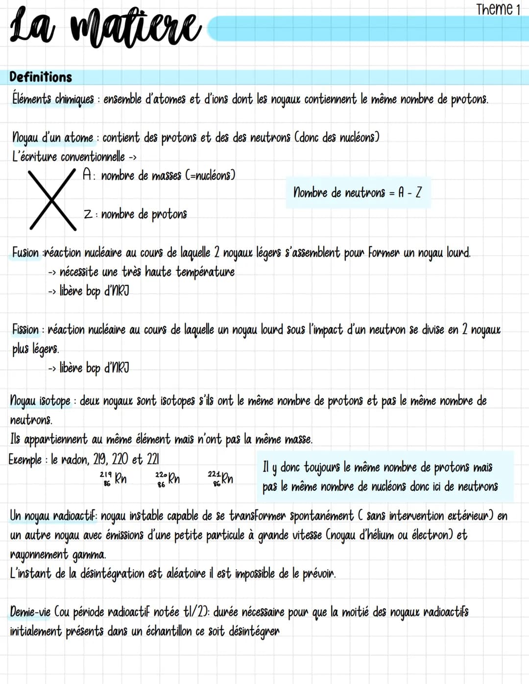 La matiere
Definitions
Éléments chimiques : ensemble d'atomes et d'ions dont les noyaux contiennent le même nombre de protons.
noyau d'un at