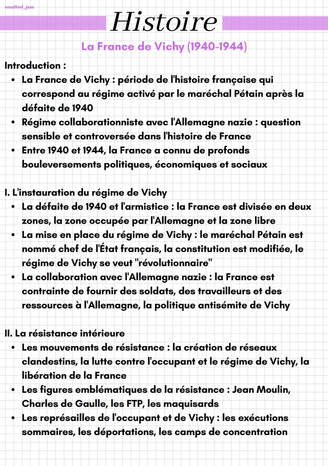 emathisf_jsxc
Histoire
La France de Vichy (1940-1944)
Introduction :
• La France de Vichy : période de l'histoire française qui
correspond a