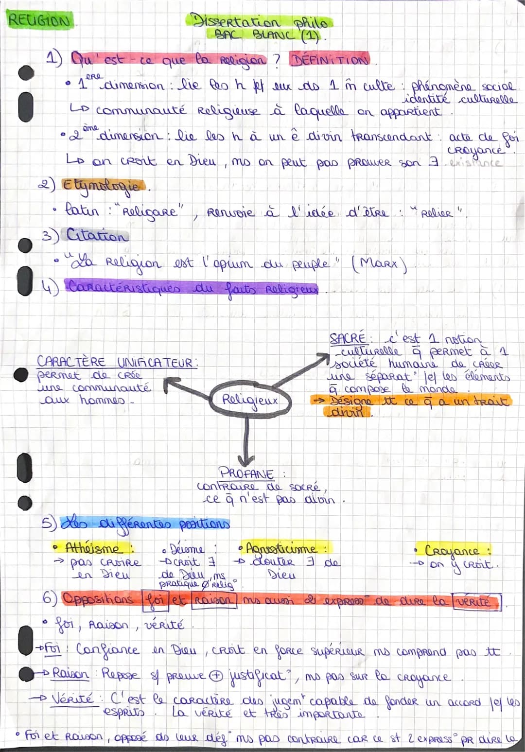 Dissertation philo
BAC BLANC (1¹).
1) Qu'est-ce que la Religion ? DÉFINITION.
RELIGION
eRe
• 1 dimension: lie les h pet eux ds 1 în culte ph