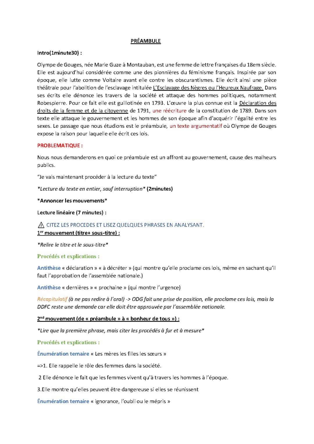 Analyse linéaire préambule Olympe de Gouges PDF - Déclaration des droits de la femme