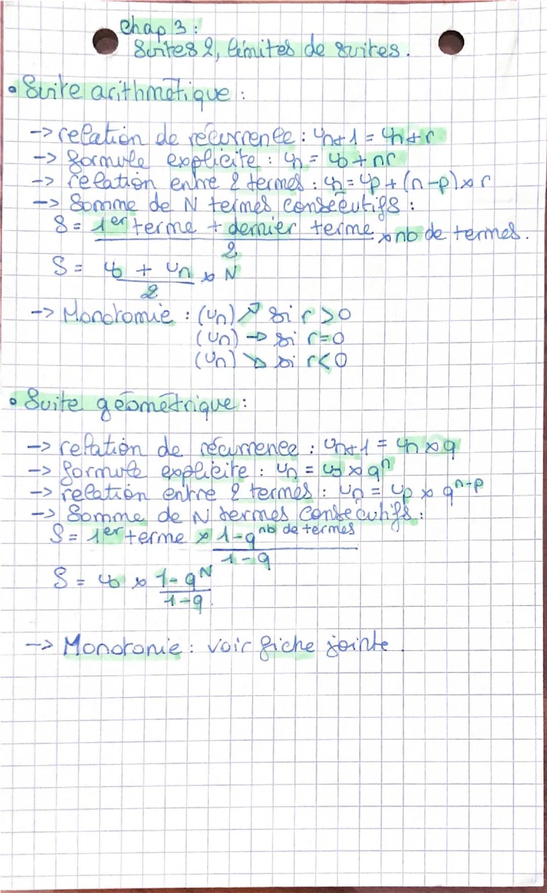 Chap 3:
Burtes 2, limites de suites.

• Suire arithmetique:
->relation de recurrence: $U_{n+1} = U_n + r$
-> formule explicite : $U_n = U_0 