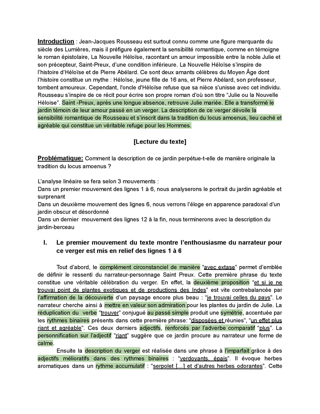 Lecture linéaire, La nouvelle Héloïse, extrait de "Je me mis" à "rejetons raboteux"