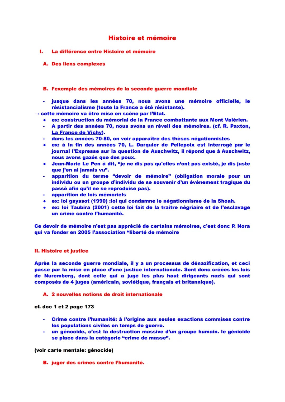 I.
A. Des liens complexes
-
Histoire et mémoire
La différence entre Histoire et mémoire
B. l'exemple des mémoires de la seconde guerre mondi