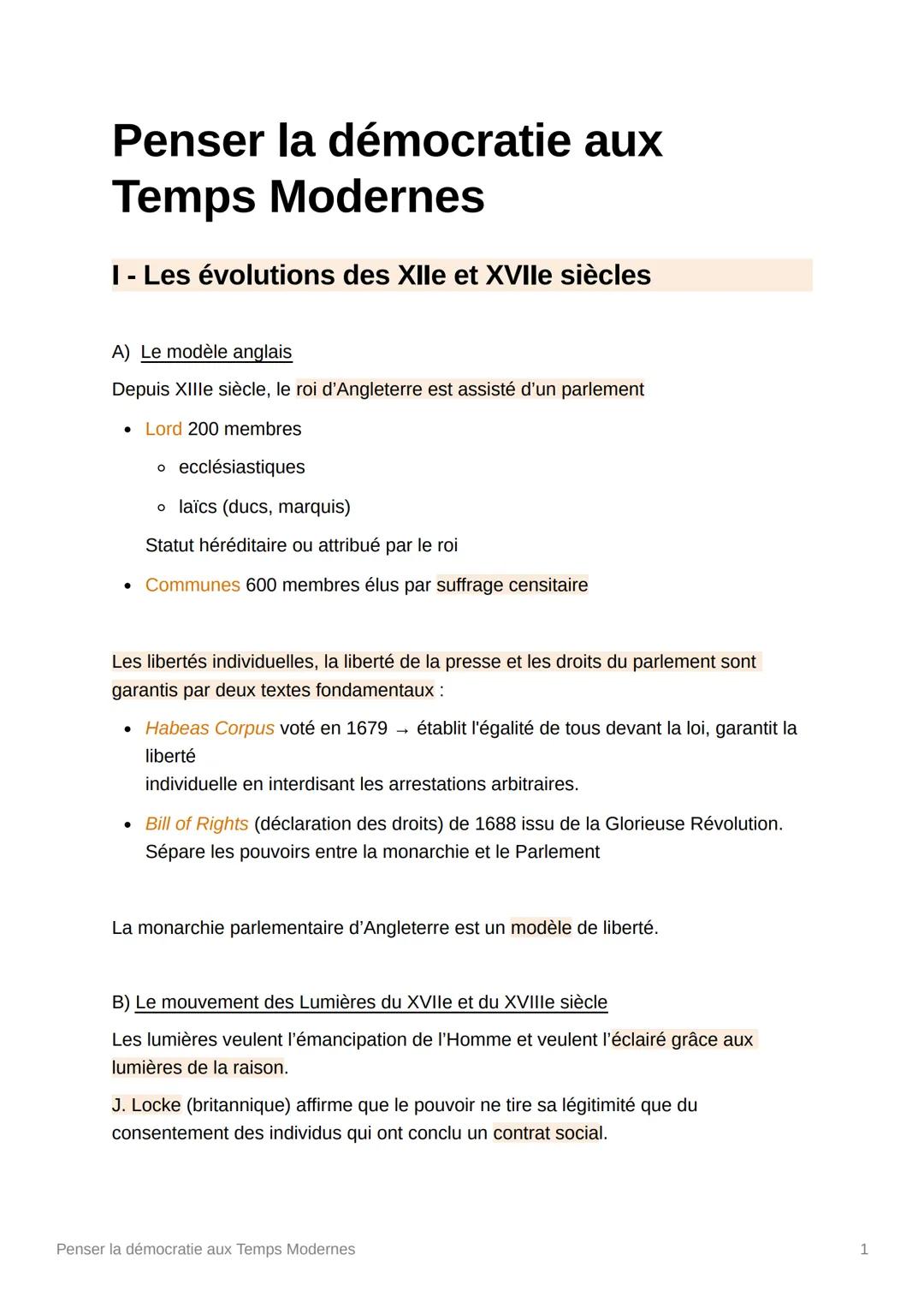 Penser la démocratie aux
Temps Modernes
I - Les évolutions des XIIe et XVIIe siècles
A) Le modèle anglais
Depuis XIIIe siècle, le roi d'Angl