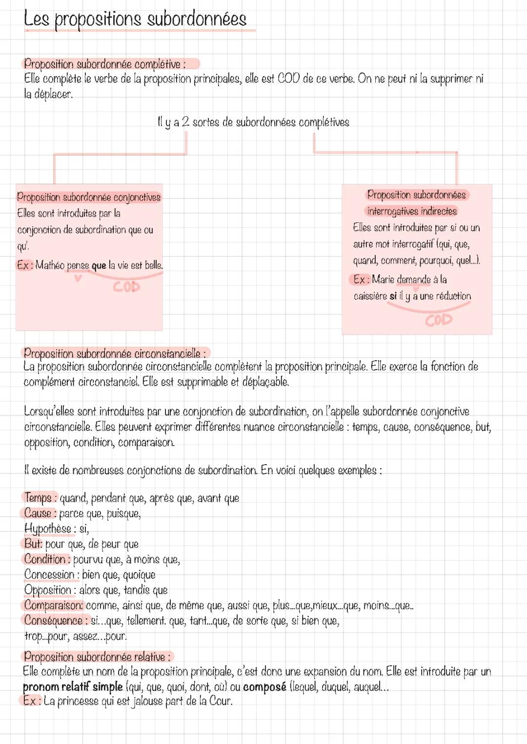 Fiche grammaire BAC français PDF: Les propositions subordonnées, exercices et exemples