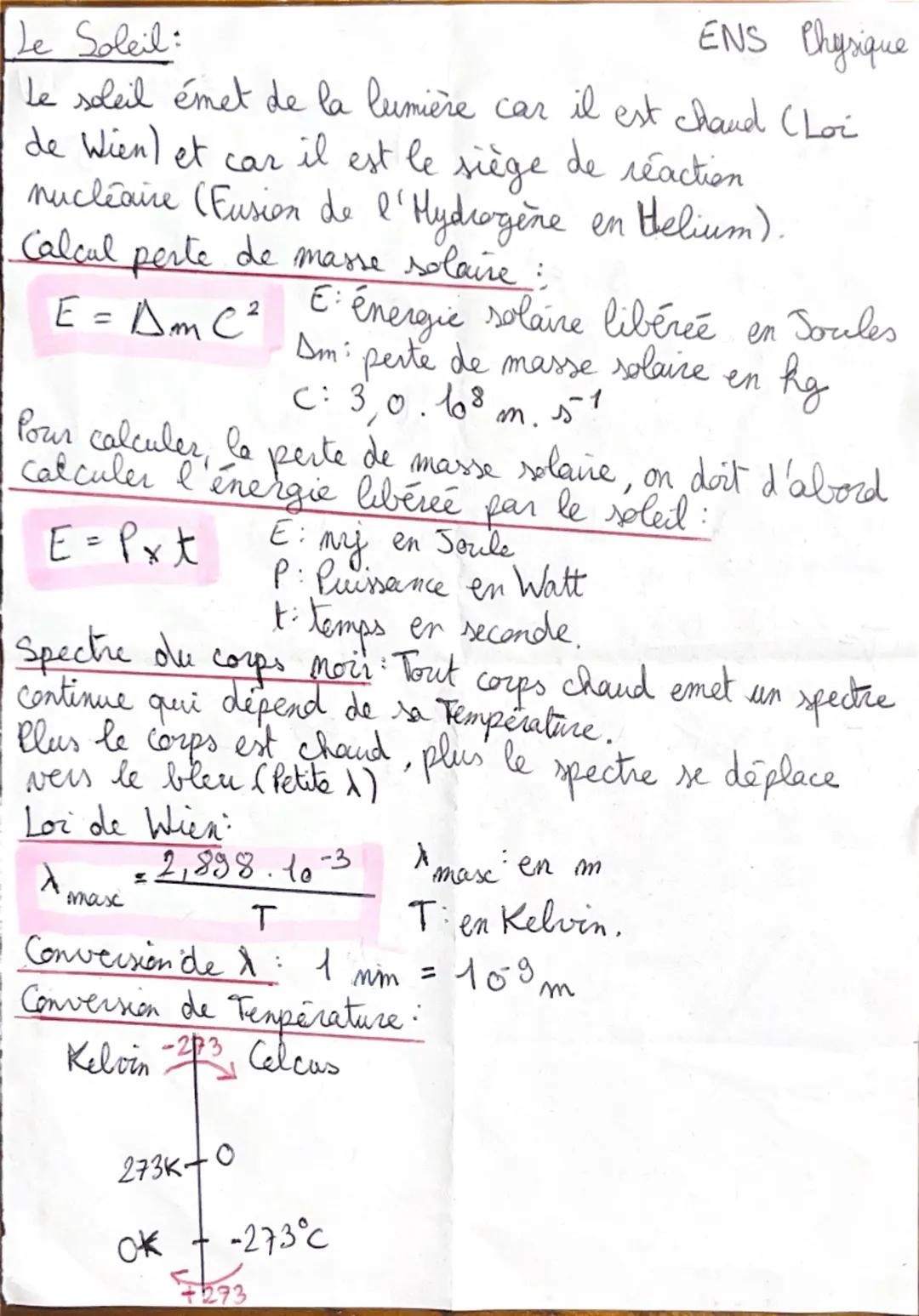 # Le Soleil:
ENS Physique
Le soleil émet de la lumière car il est chaud (Loi
de Wien) et car il est le siège de réaction
nucléaire (Eusion d