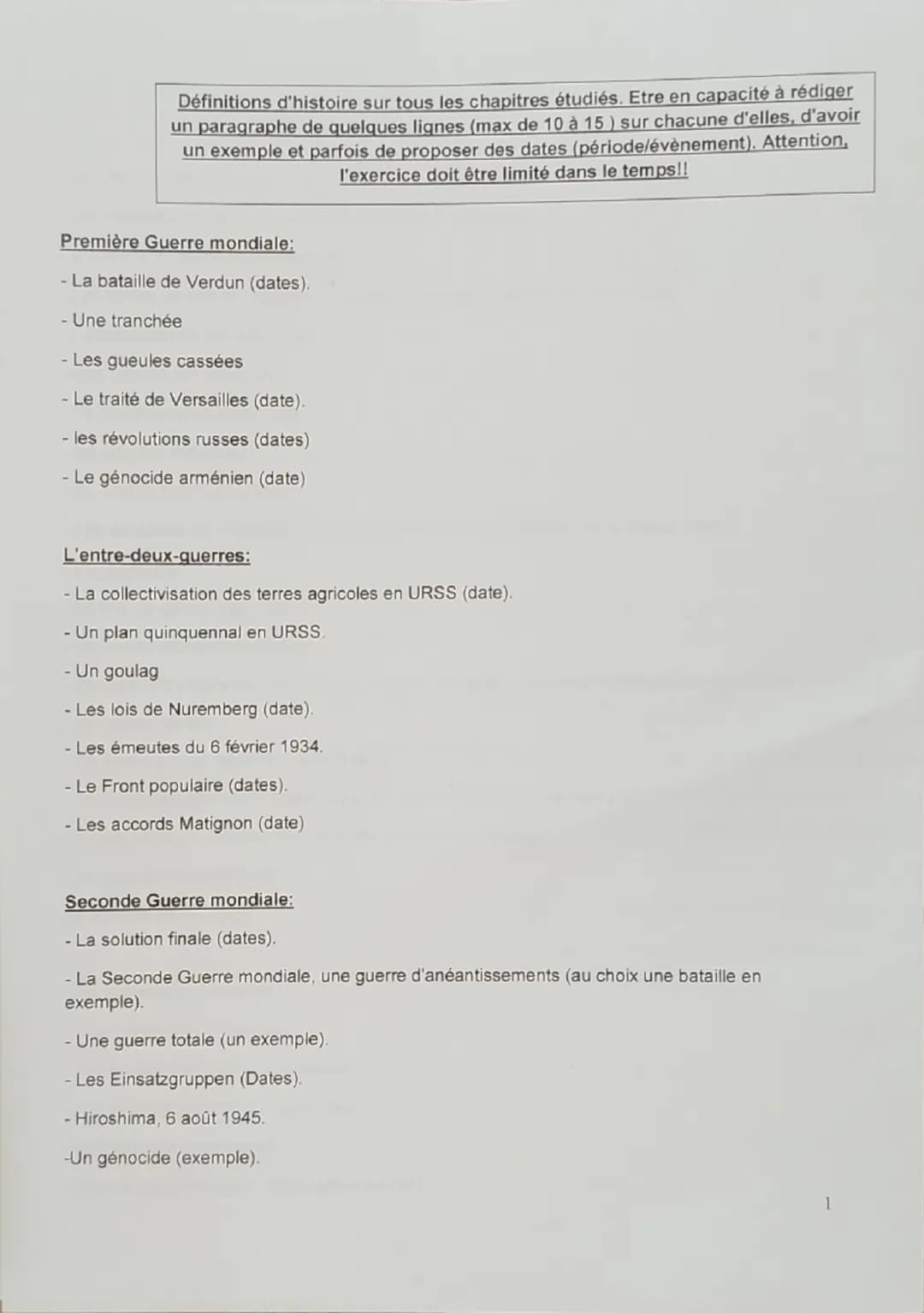 --- OCR Start ---
Définitions d'histoire sur tous les chapitres étudiés. Etre en capacité à rédiger
un paragraphe de quelques lignes (max de