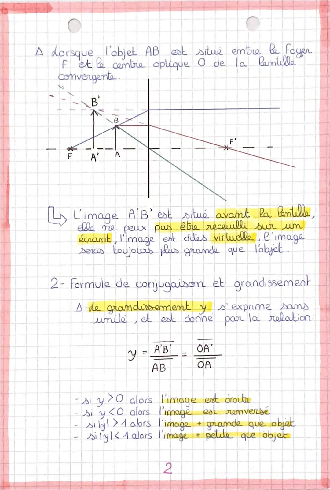 PHYSIQUE 1/3
Image et couleurs
I-image
1- formation d'un image
•Pour construire l'image A'B' de l'objet AB,
on trace trois rayon particulier