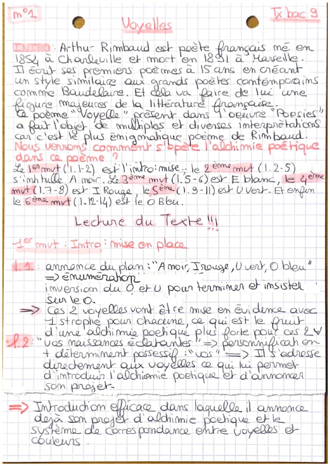 Tx bac 9
Voyelles
INTO Arthur Rimbaud est poète français me on
1854 à Charleville et mort en 1891 à Marseille.
Il cout ses premiers poèmes à