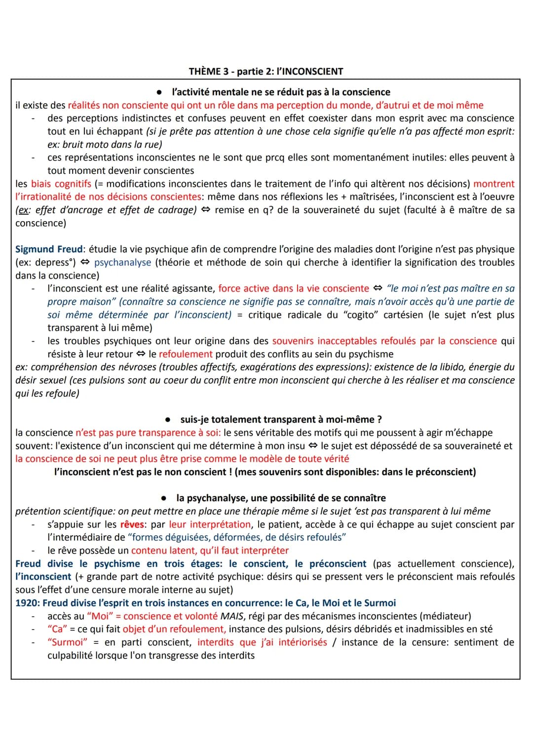 THÈME 3 - partie 2: l'INCONSCIENT
l'activité mentale ne se réduit pas à la conscience
il existe des réalités non consciente qui ont un rôle 