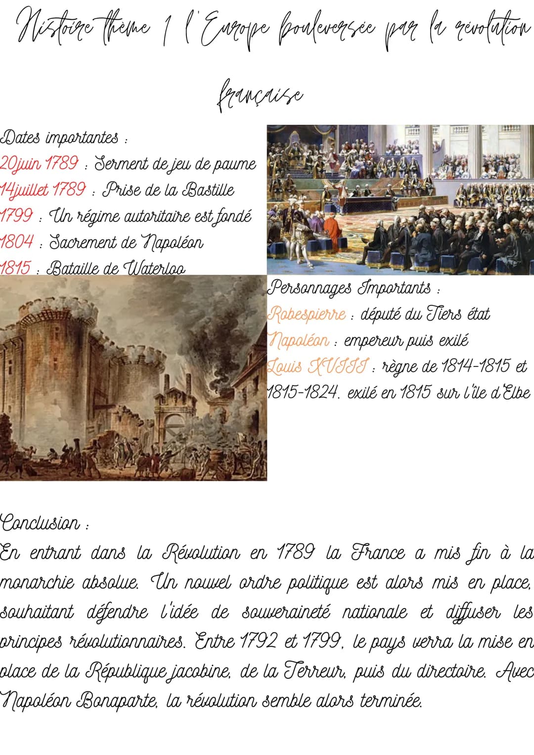 Nistoire theme 1 l'Europe bouleversée par la révolation
française
-Dates importantes:
20juin 1789 Serment de jeu de paume
14 juillet 1789: P